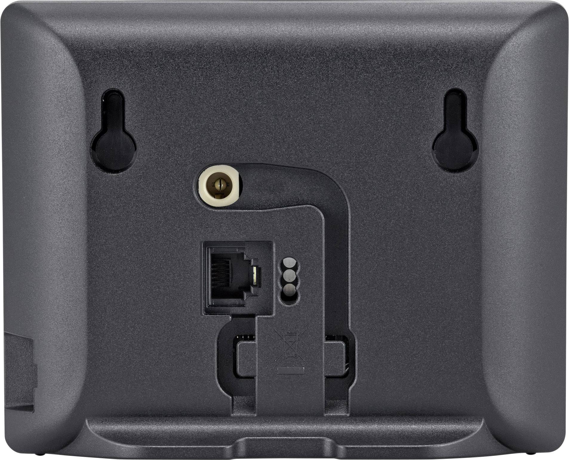 Die Rückseite eines elektronischen Geräts mit einem Ethernet-Anschluss und zwei Wandmontagehaken.