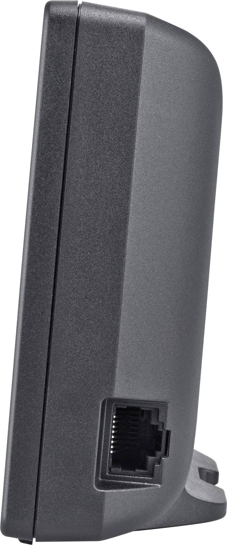 Schwarzes elektronisches Gerät von der Seite, mit sichtbarem Ethernet-Anschluss unten.