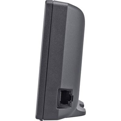 Schwarzes elektronisches Gerät von der Seite, mit sichtbarem Ethernet-Anschluss unten.
