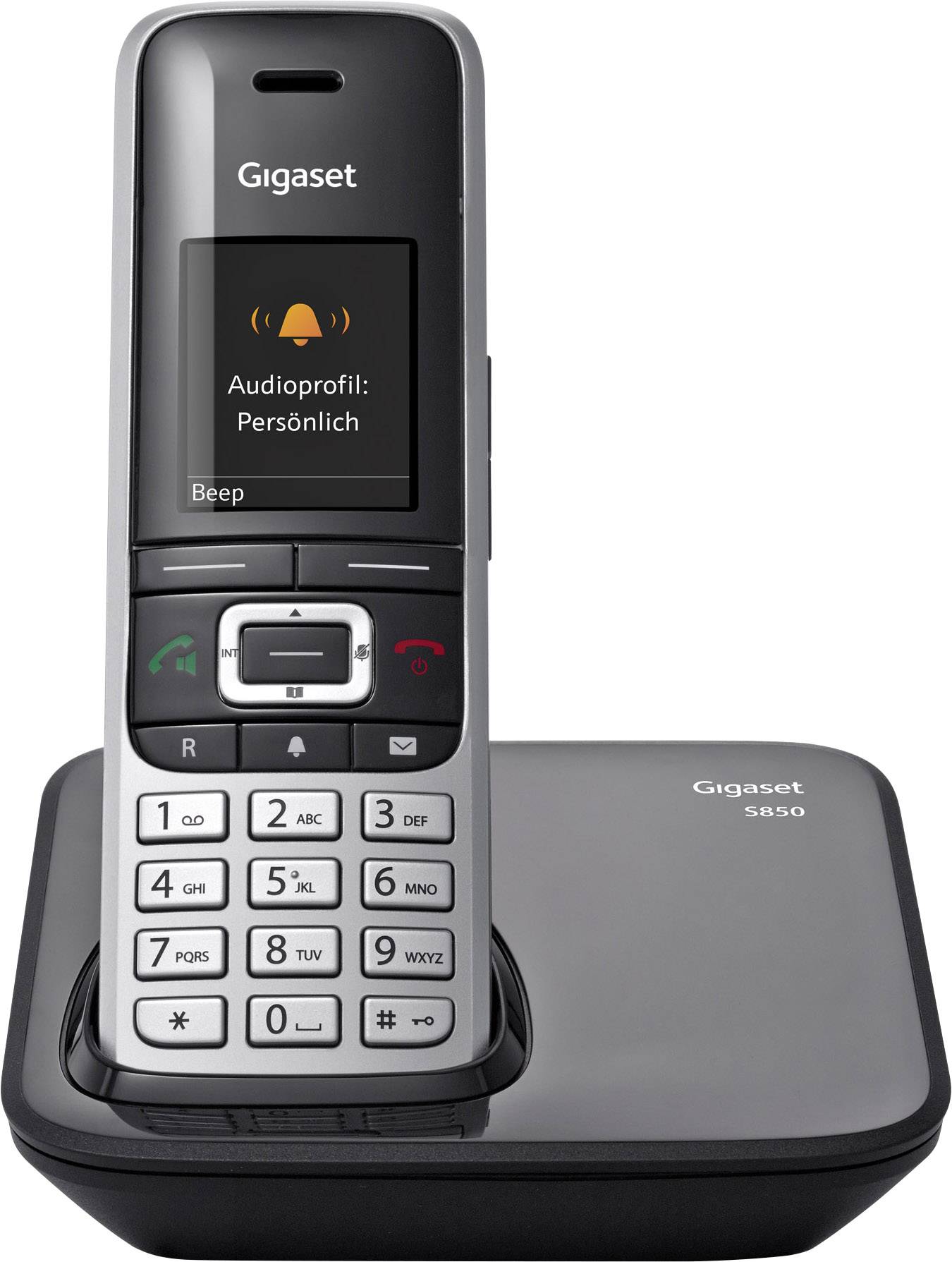 Ein schnurloses Telefon auf einer Basisstation. Auf dem Display steht 'Audioprofil: Persönlich'.