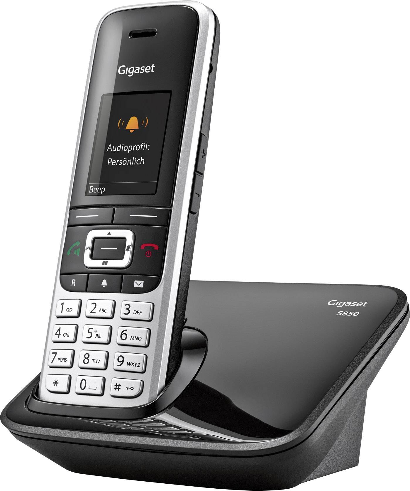 Schnurloses Telefon auf Ladestation. Bildschirm zeigt 'Audioprofil: Persönlich'. Markenname sichtbar.