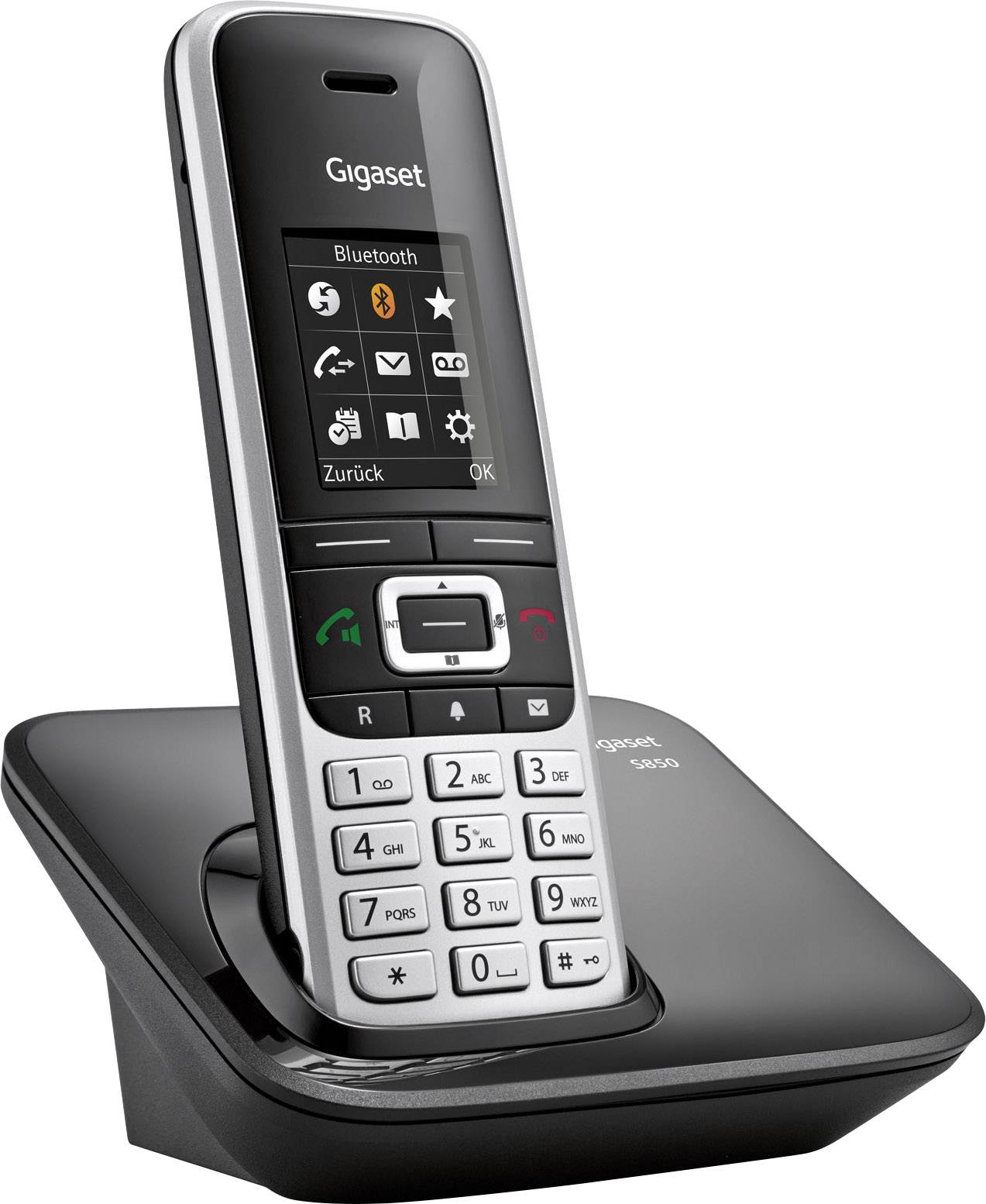 Ein kabelloses Telefon auf einer Ladestation, Marke Gigaset. Das Display zeigt Symbole für Bluetooth und Akkustand.