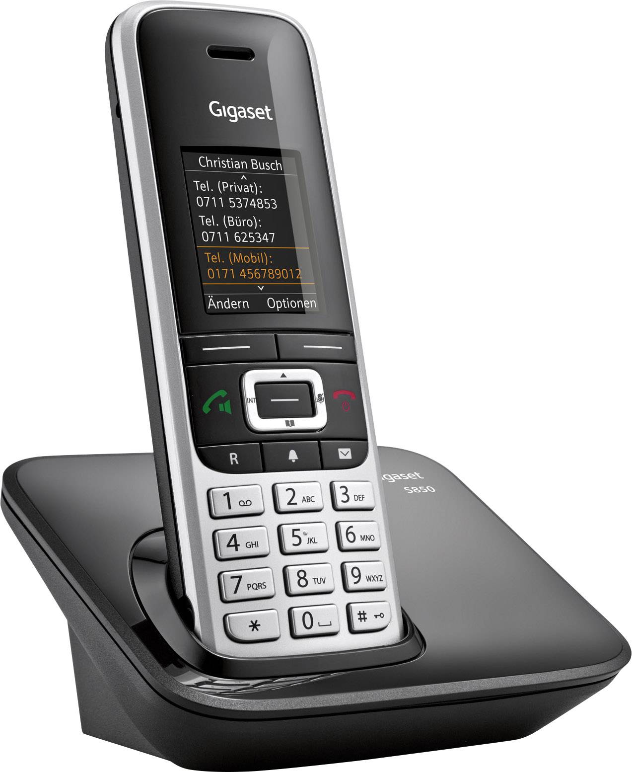 Schnurloses Telefon auf Ladestation. Display zeigt Kontaktinformationen an. Hauptfunktionen: Wählen, Anrufliste, Menütasten.