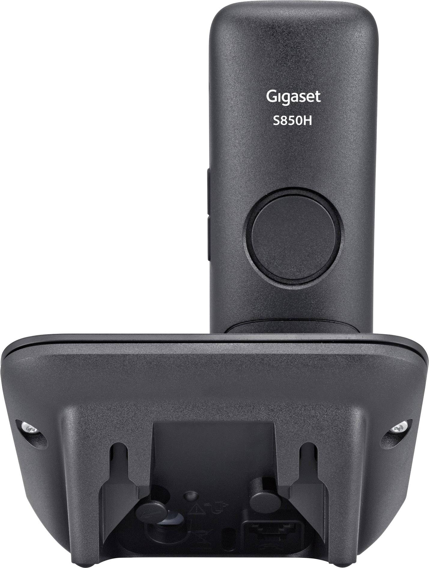 Schnurloses Gigaset S850H-Telefon, Rückansicht. Zeigt Ladestation und Anschlussbuchsen für Stromversorgung und Telefonleitung.