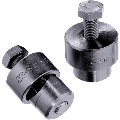 Zwei Metallwerkzeuge, eines mit Aufschrift '28 mm', das andere '32 mm'. Beide bestehen aus Bolzen und Hülle, zur Montage von Muttern.