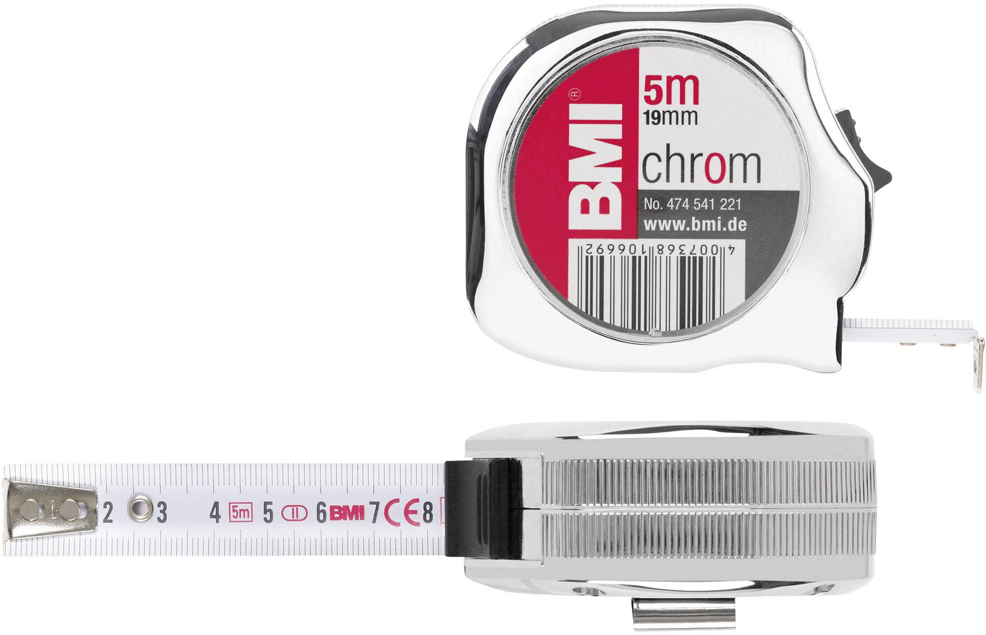 Taschenrollbandmaß chrom L.5m B.19mm mm/mm EG II Ku.Automatic BMI-0