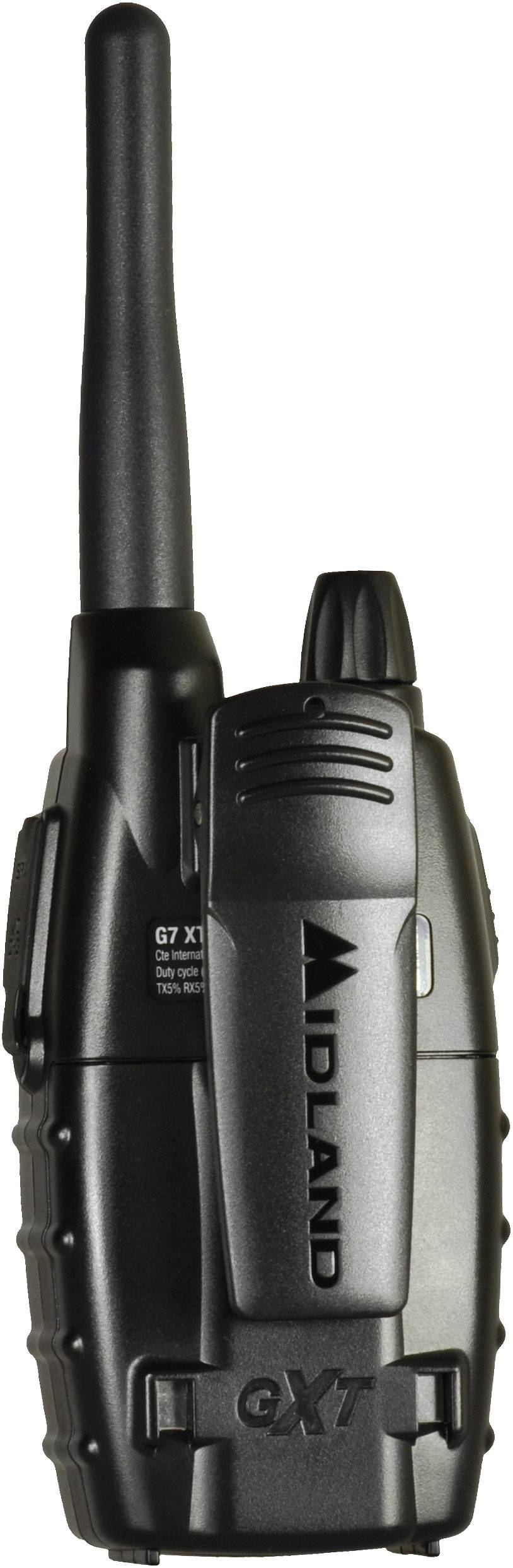 Ein schwarzes Walkie-Talkie mit Antenne. Es hat eine feststehende Sprechtaste, geriffelte Seitengriffe und die Marke 'Midland' auf der Vorderseite.