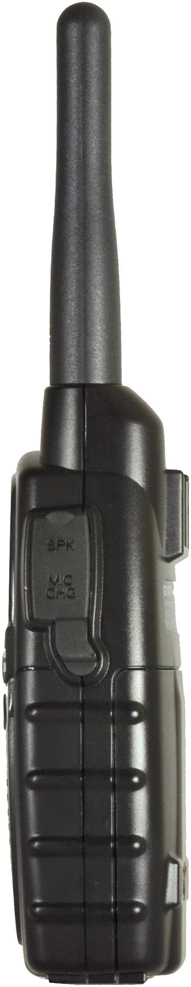 Schwarzes Walkie-Talkie mit langer Antenne, seitlicher Lautstärketasten und strukturiertem Griff für besseren Halt.