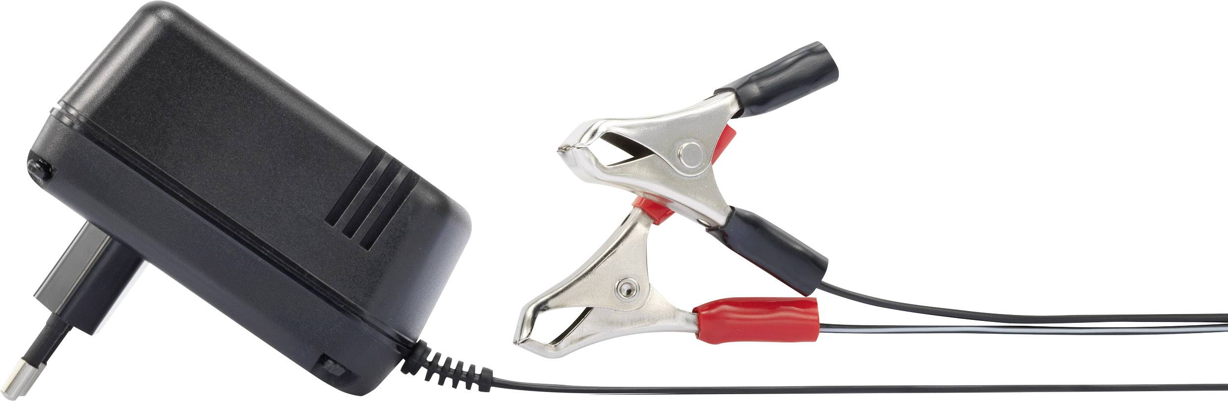 Ein schwarzes Ladegerät mit Kabeln und zwei Krokodilklemmen in Rot und Schwarz, verwendet zum Anschließen an Batteriepole.