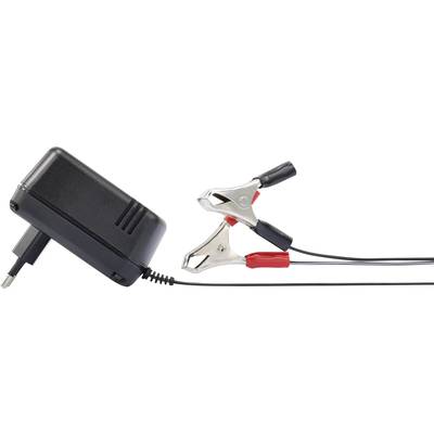 Ein schwarzes Ladegerät mit Kabeln und zwei Krokodilklemmen in Rot und Schwarz, verwendet zum Anschließen an Batteriepole.