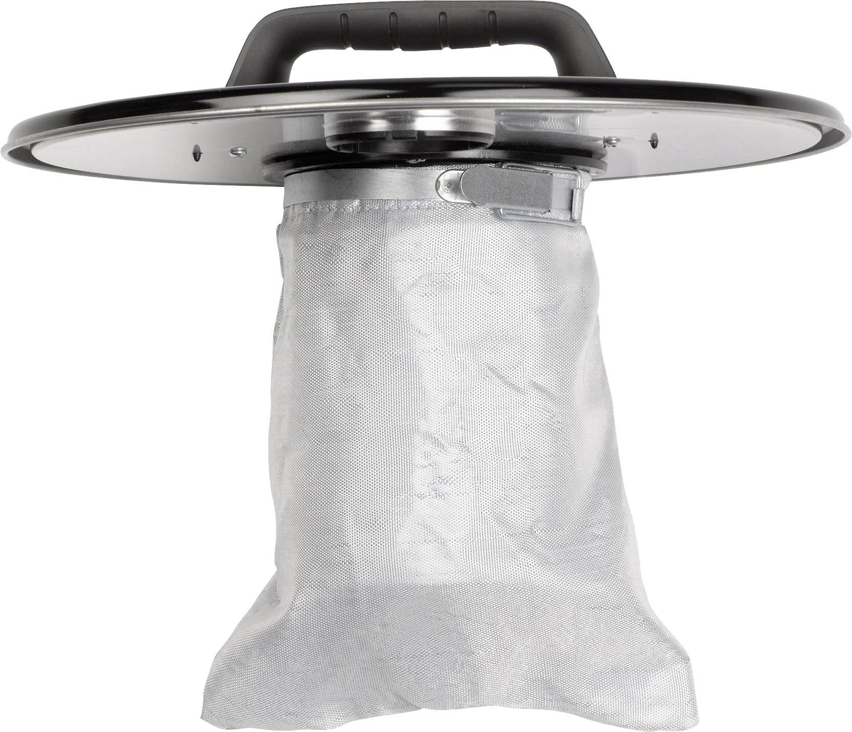 Eine weiße Staubsaugerbeuteltasche hängt unter einem runden Metallaufsatz mit Griff.