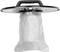 Eine weiße Staubsaugerbeuteltasche hängt unter einem runden Metallaufsatz mit Griff.