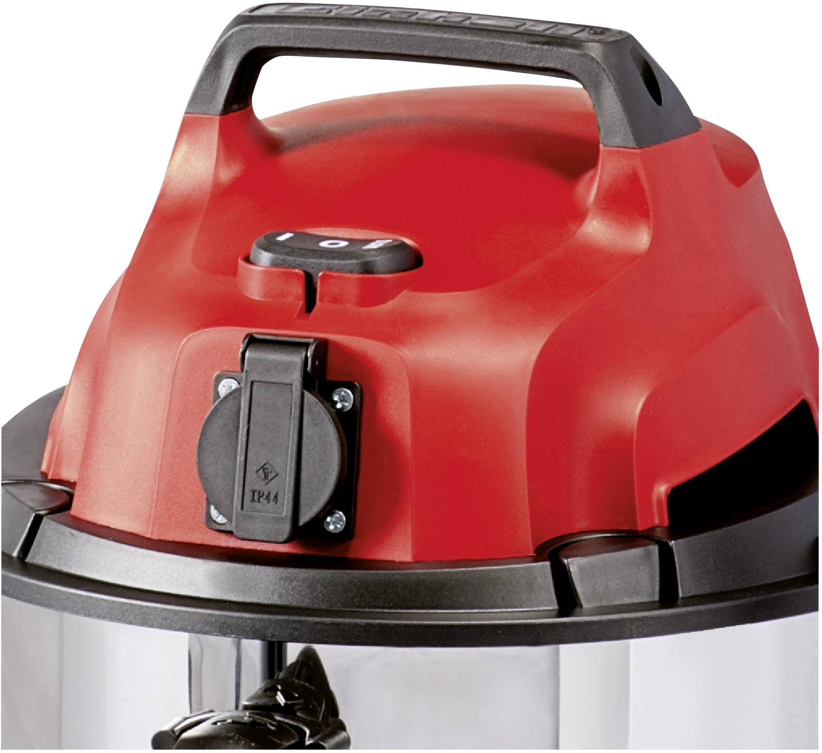 Oberteil eines roten und schwarzen Staubsaugers mit Griff und Steckdose, auf einem silbernen Behälter montiert.
