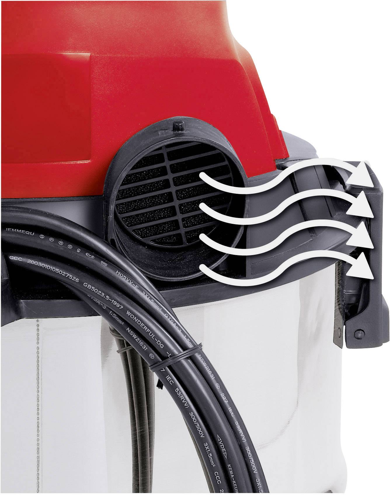 Ein leistungsstarker Nass- und Trockensauger mit rotem und schwarzem Gehäuse. Luftströmung wird durch Pfeile angezeigt.