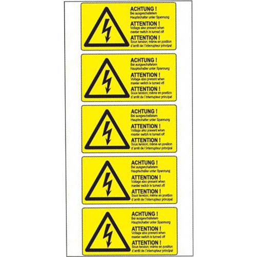 Warn-Kombischild Bei ausgeschaltetem Hauptschalter unter Spannung Folie selbstklebend (B x H) 74 mm x 37 mm 5 St.