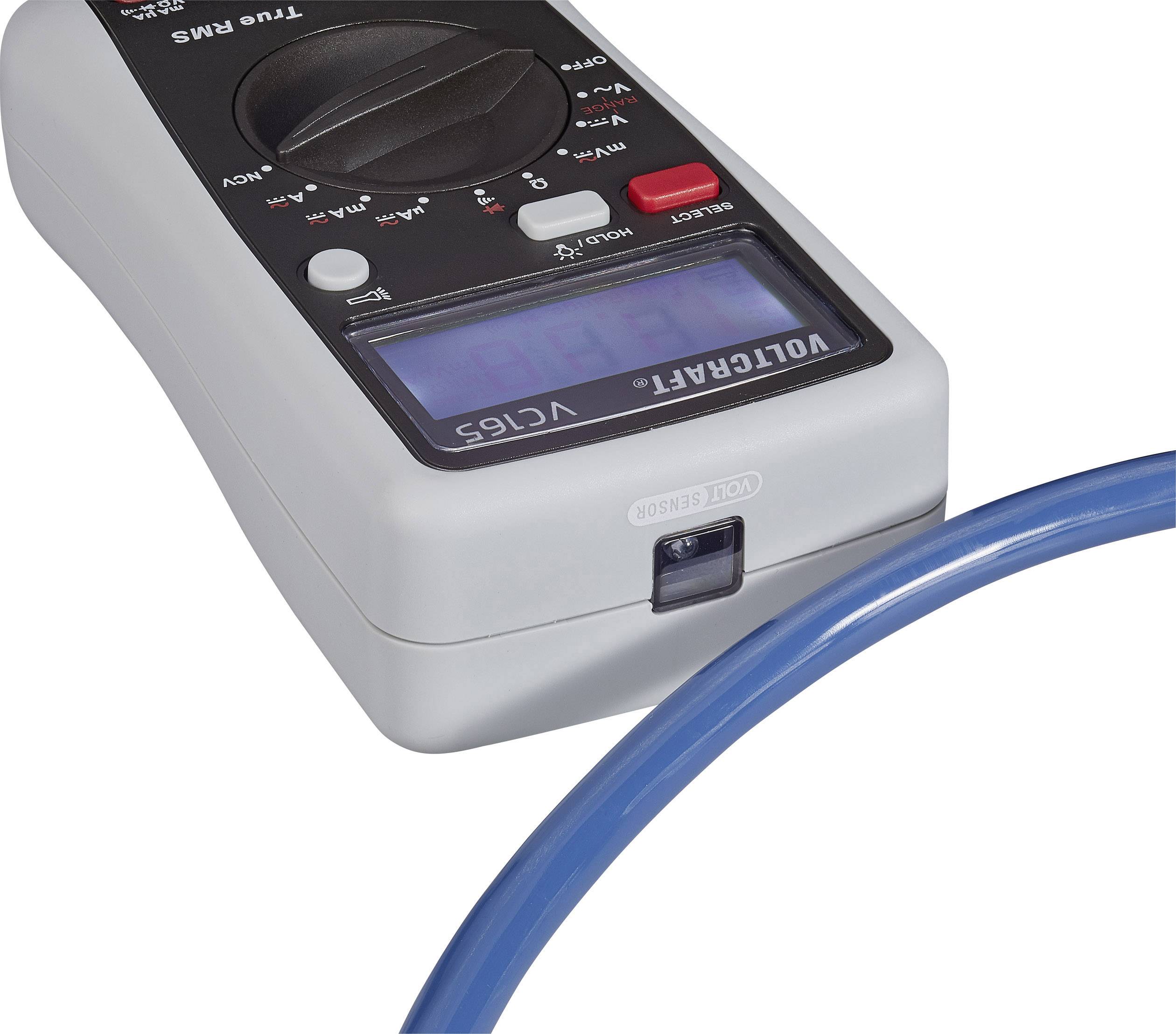 Digitalmultimeter mit Anzeige, umgeben von einem blauen Kabel.