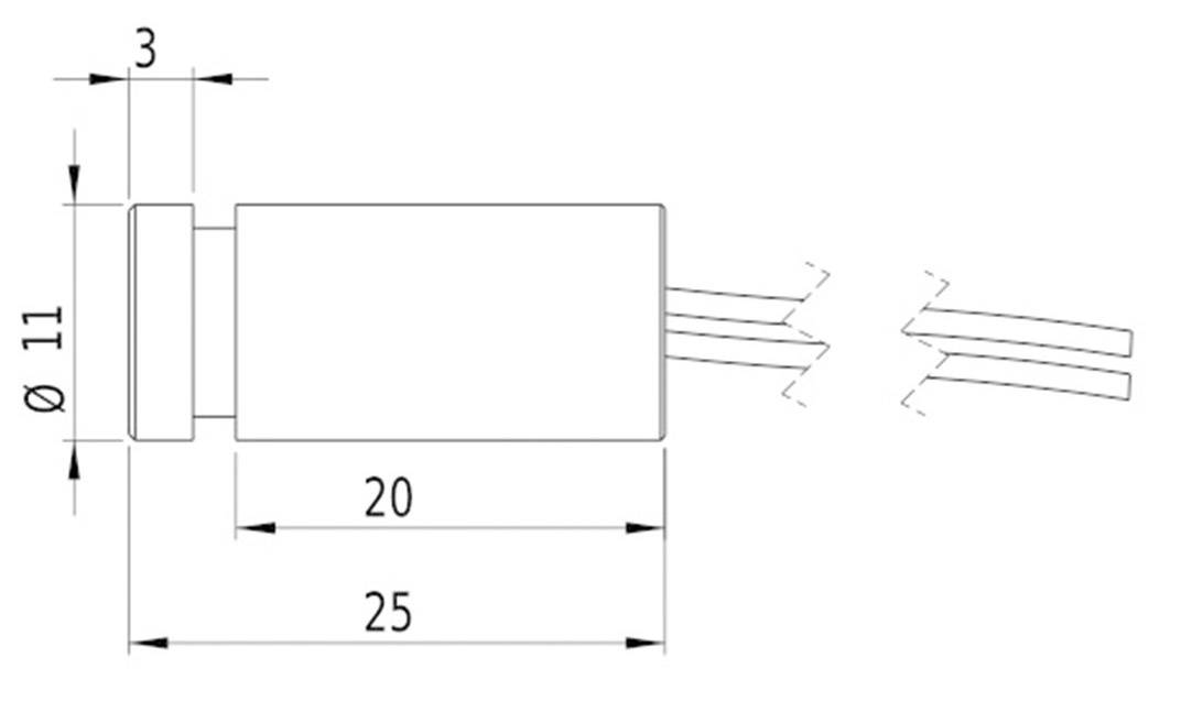 Diagramm einer zylindrischen Komponente mit Kabelabgang. Maße: Durchmesser 11 mm, Länge 25 mm, Kabelabgangslänge 20 mm.