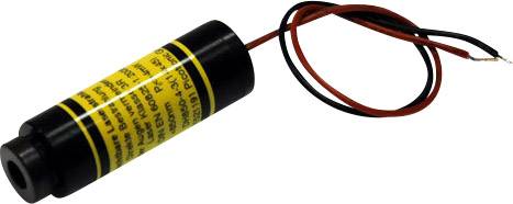 Kleiner zylindrischer Laser mit gelbem Warnhinweis und zwei angeschlossenen Kabeln, geeignet für technische Anwendungen.