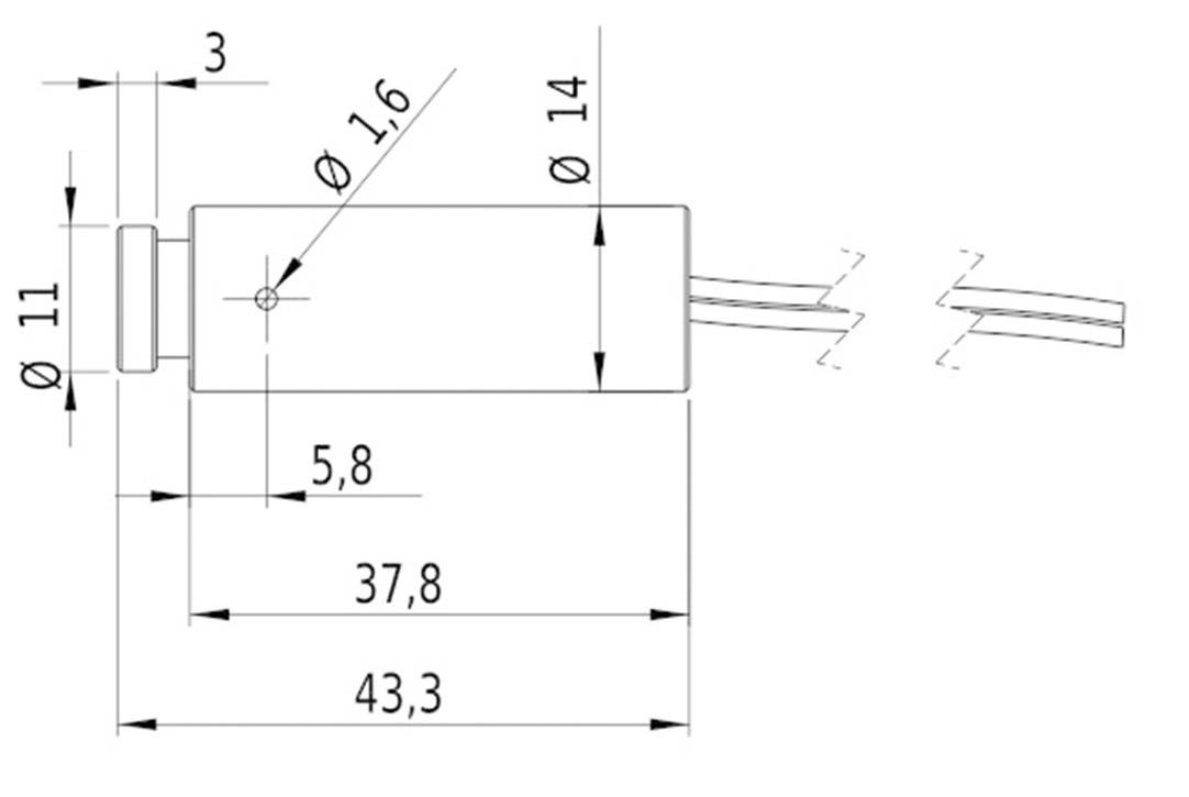 Technische Zeichnung eines zylindrischen Bauteils mit Drahtanschlüssen. Maße: Durchmesser 11 mm, Länge 43,3 mm.
