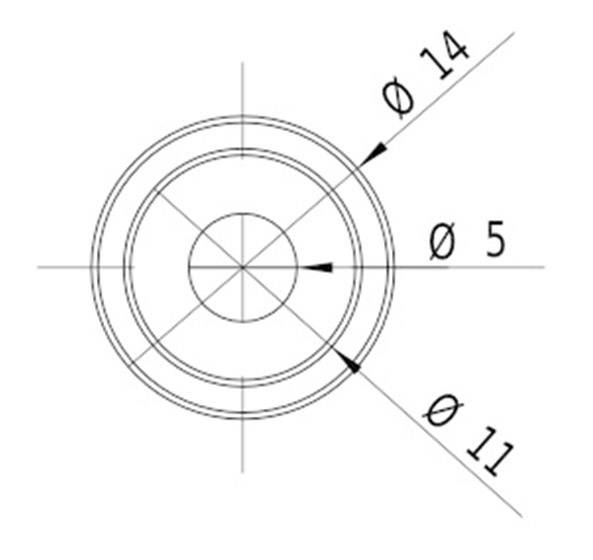 Technische Zeichnung eines Zylinders mit drei Durchmessern: 5, 11 und 14 mm. Anzeigen der konzentrischen Kreise mit Bemaßungslinien.
