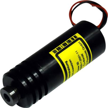 Ein zylindrischer, schwarzer Lasermodul mit gelbem Aufkleber und roten sowie schwarzen Kabeln auf der Rückseite.
