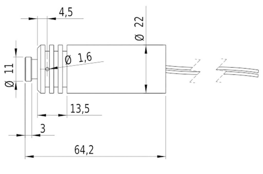Technische Zeichnung eines zylindrischen Bauteils mit Abmessungen: Länge 64,2 mm, Durchmesser 22 mm, weitere Dimensionen markiert.