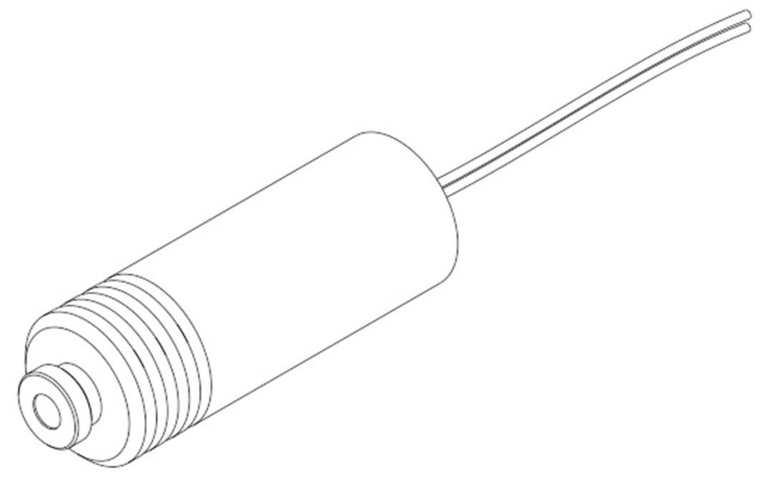 Zeichnung einer zylindrischen, gerippten zweiseitenspiegel mit abgehendem Kabel; technische Skizze eines elektrischen Komponenten.