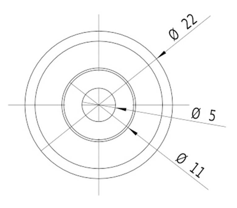 Konstruktionszeichnung eines kreisförmigen Objekts mit drei gekennzeichneten Durchmessern: 22, 11 und 5 Einheiten.
