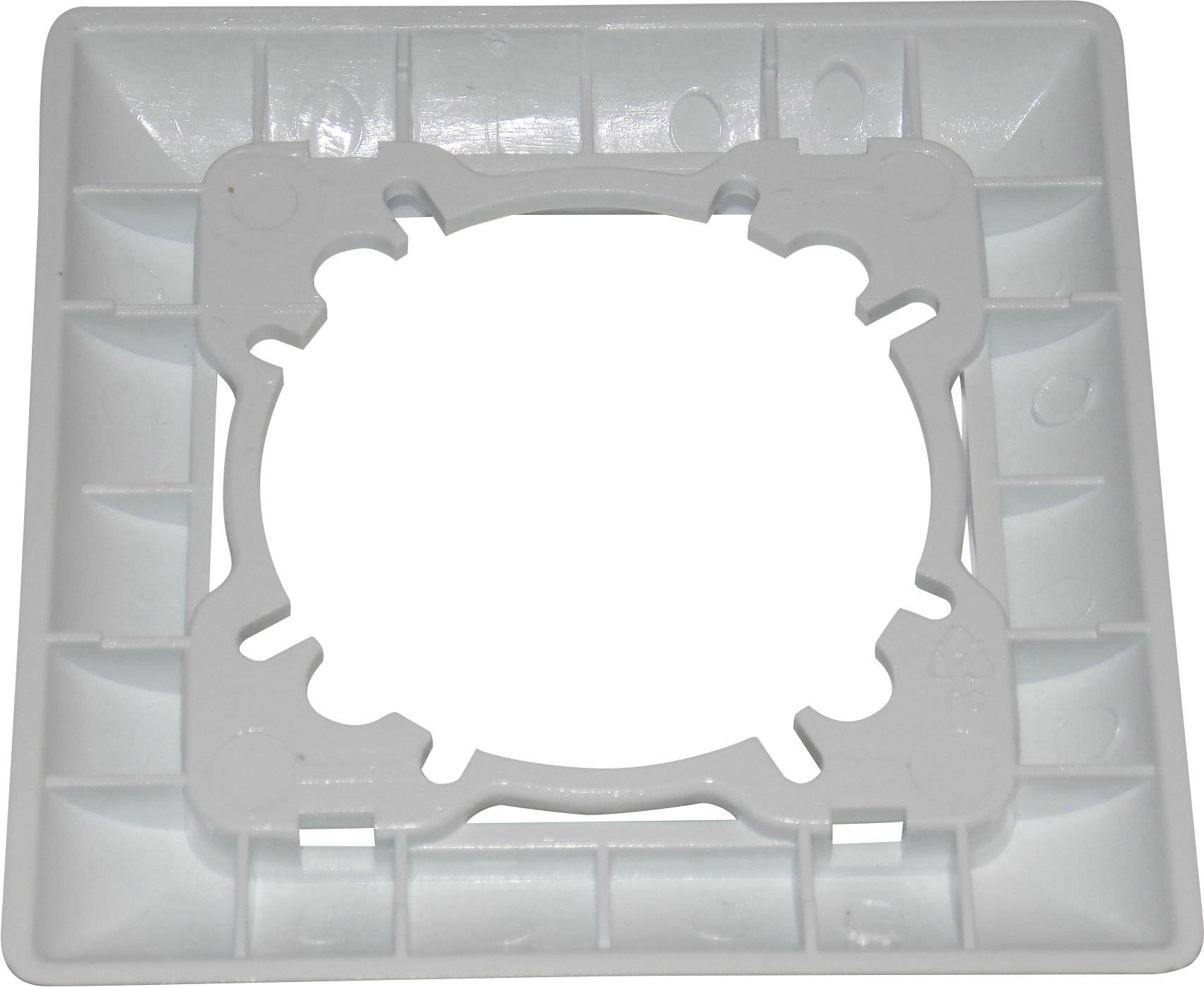 Weiße Plastikrahmenhalterung, quadratisch mit abgerundeten Ecken und offenem Zentrum, auf weißem Hintergrund.