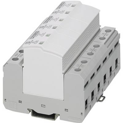Grau-weißer modularer elektrischer Überspannungsschutz auf einer Metallhalterung, geeignet für industrielle Anwendungen.