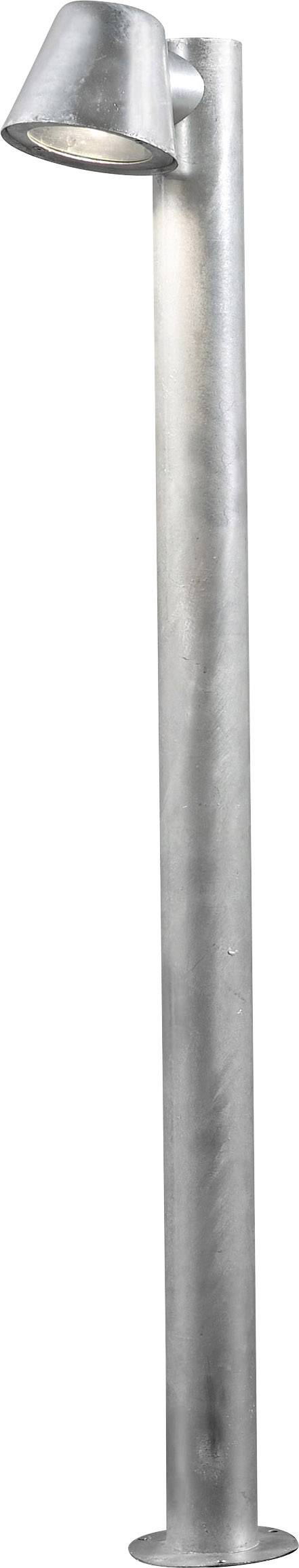 Eine schlichte, silberne Stehlampe mit einer konischen Leuchte oben. Sie hat einen schlanken, zylindrischen Stab und ist aus Metall.