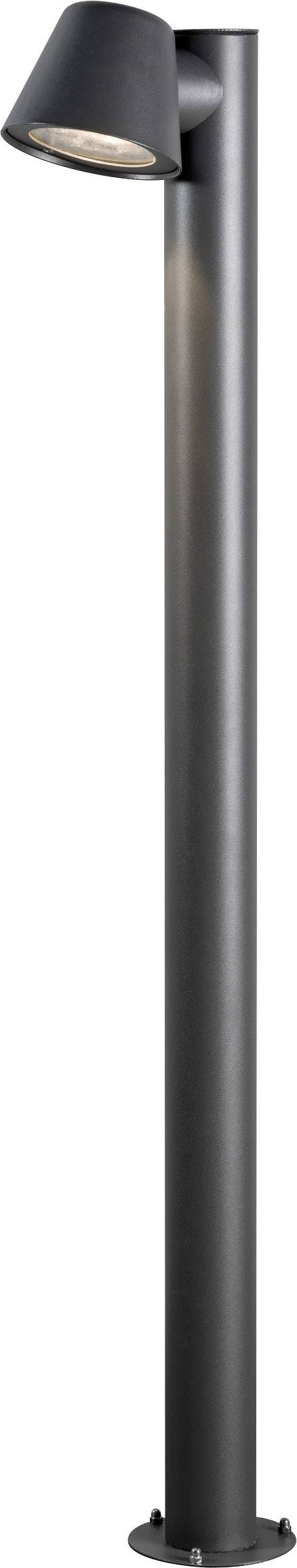 Eine moderne schwarze Stehlampe mit geneigtem Leuchtkopf. Ideal für Außenbereiche zur Beleuchtung von Wegen oder Gärten.