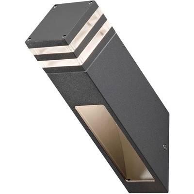 Schwarze, rechteckige Außenleuchte in modernem Design mit zwei Lichtstreifen am oberen Rand. Sie erzeugt indirektes Licht.