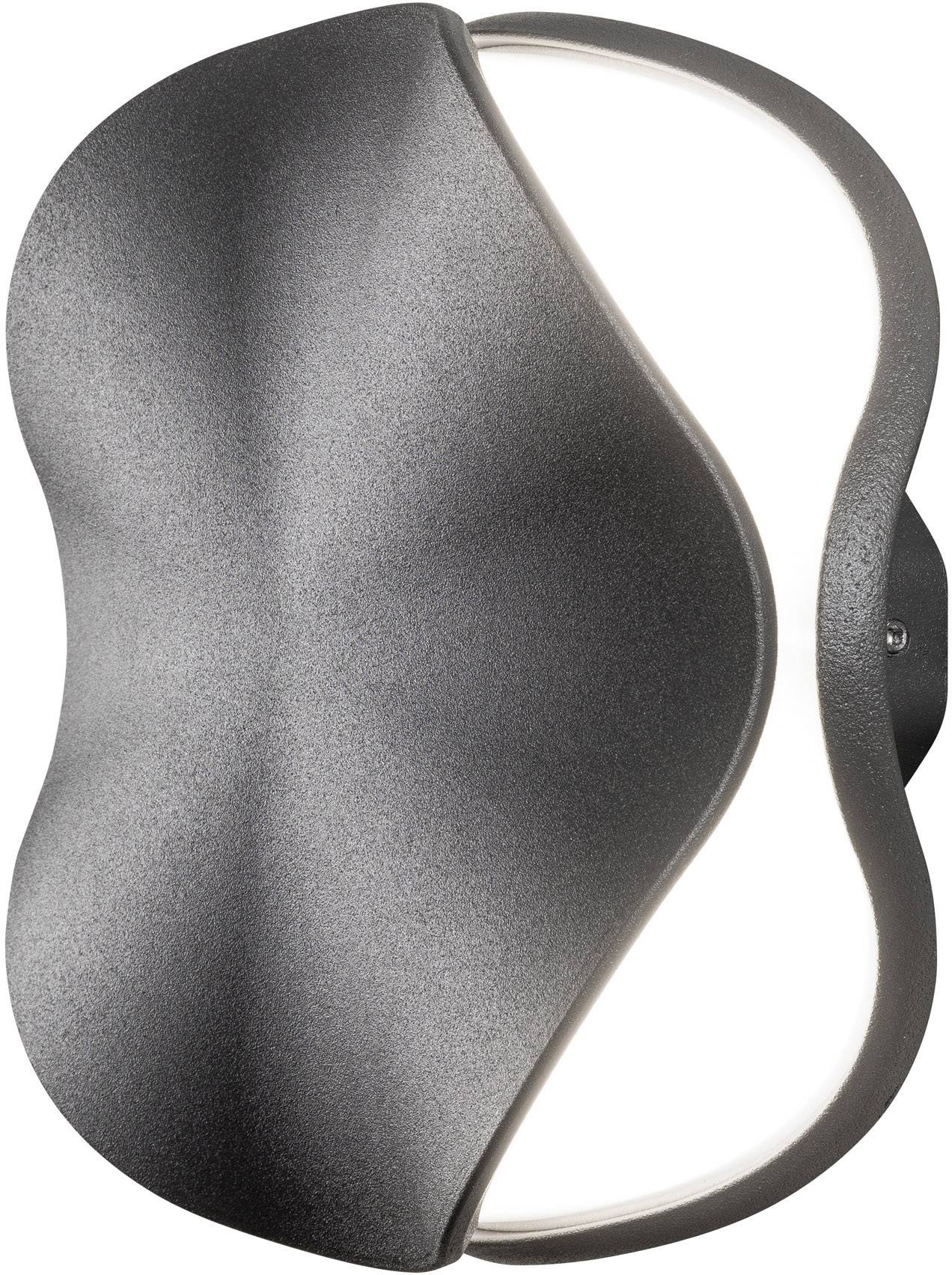 Eine moderne Wandlampe mit geschwungenem schwarzem Gehäuse und zwei Lichtquellen. Sie strahlt nach oben und unten.