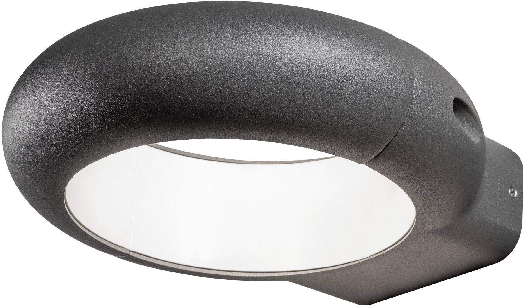 Runde, moderne Außenwandleuchte in mattem Dunkelgrau mit opalweißem Gehäuse für gleichmäßige Lichtverteilung.
