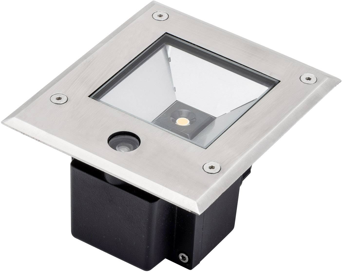 Ein quadratischer, silberner Bodenstrahler mit Glasabdeckung und schwarzem Gehäuse, geeignet für Außenbeleuchtung.