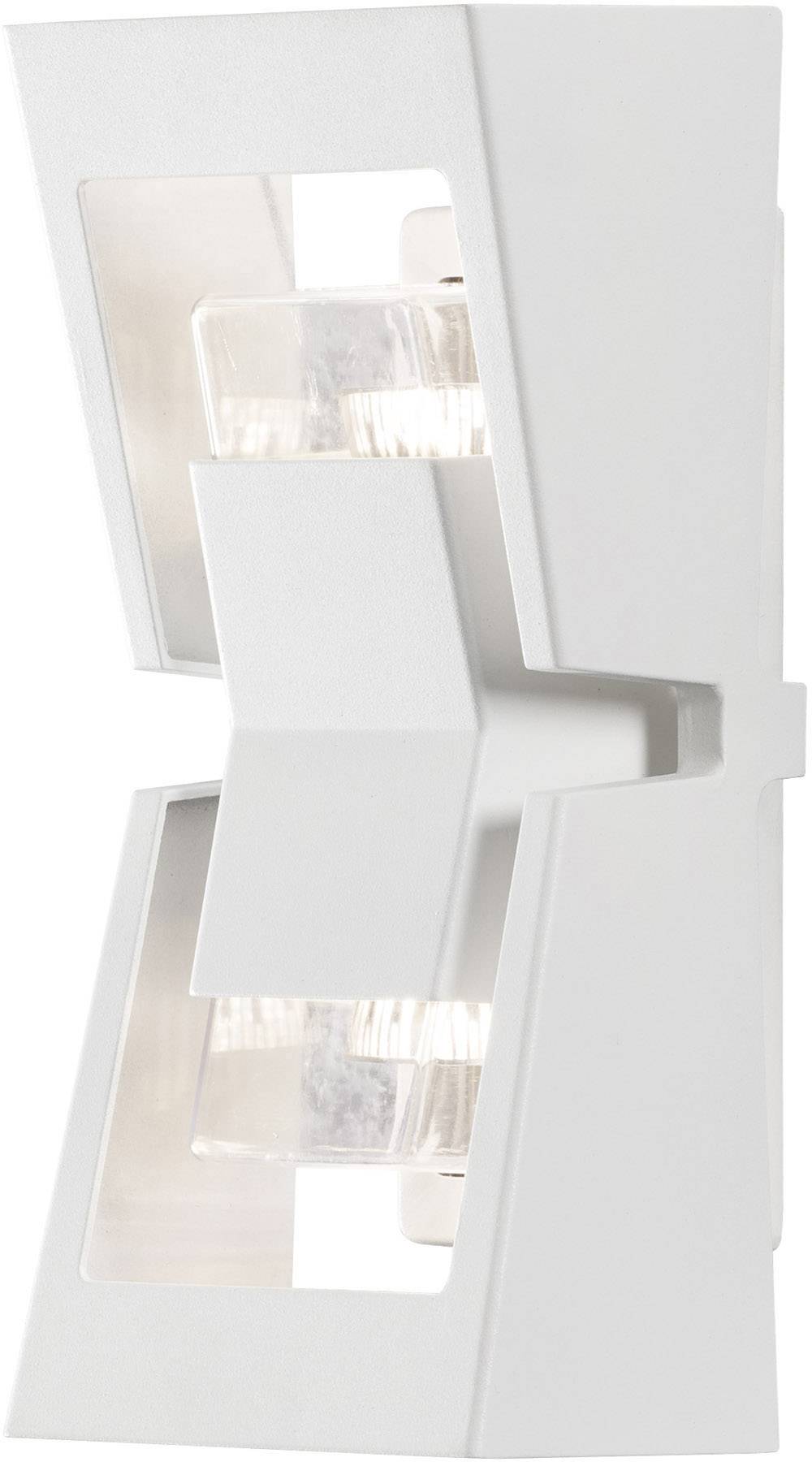 Weiße, moderne Wandlampe mit geometrischem Design, das nach oben und unten strahlt. Ideal für zeitgenössische Innenräume.