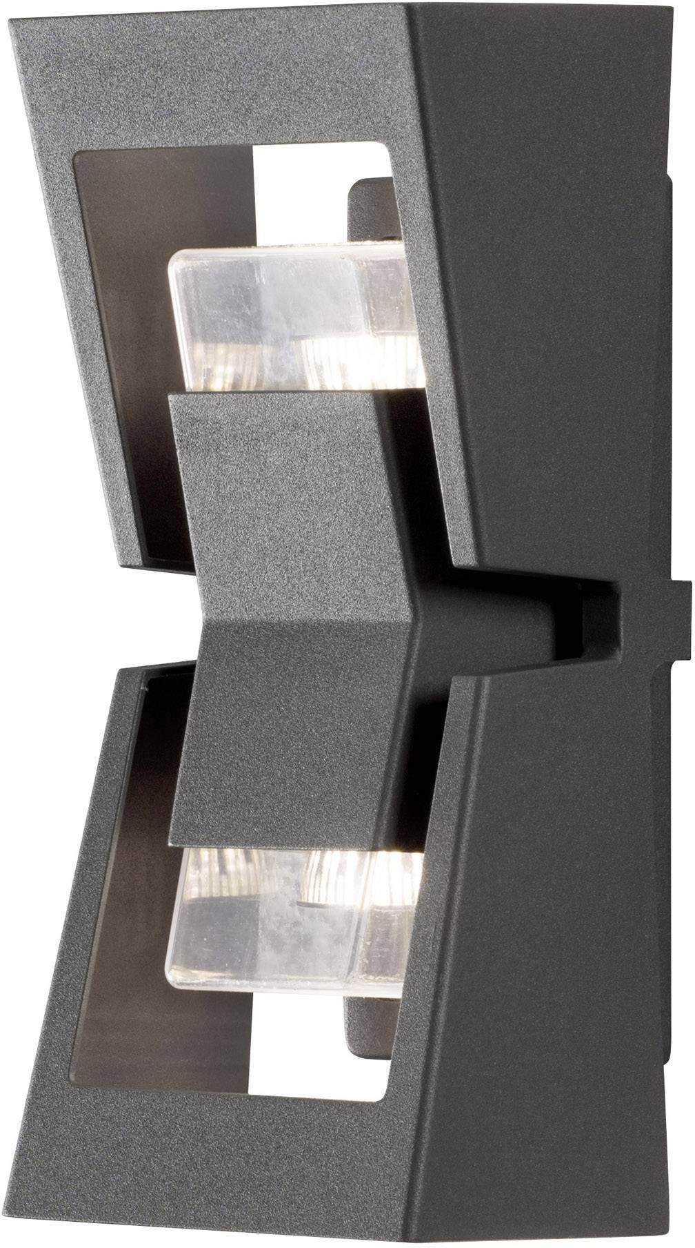 Schwarze moderne Außenleuchte mit zwei Lichtquellen, die nach oben und unten abstrahlen. Minimalistisches Design, geeignet für Wände.