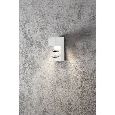 Wandleuchte mit modernem Design, rechteckiger, weißer Körper aus Metall, montiert auf strukturierter, grauer Wand, beleuchtet umgebung.