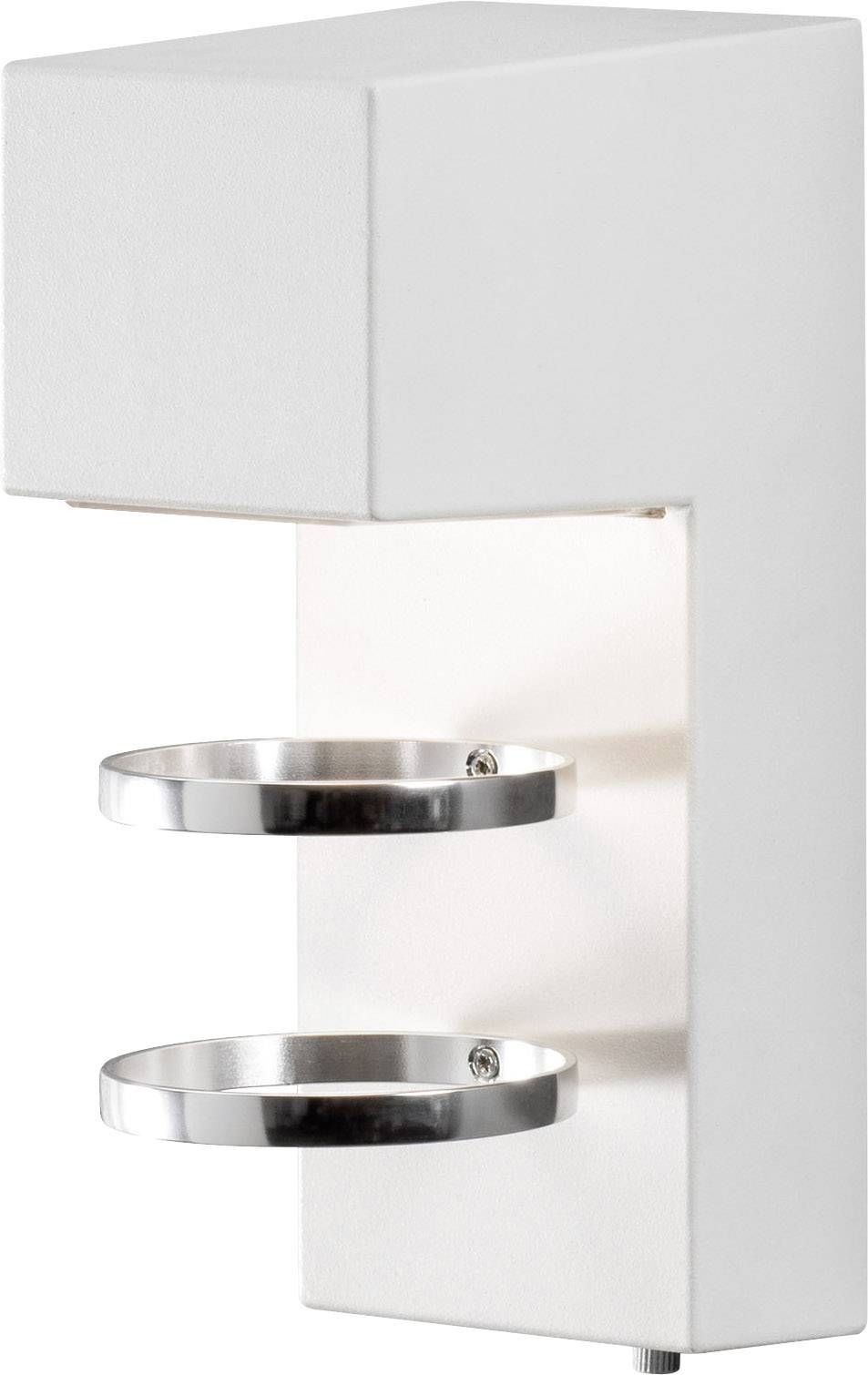 Weiße Wandlampe aus Metall mit rechteckigem Gehäuse und zwei zylindrischen Halterungen, zur minimalistischen Raumbeleuchtung.
