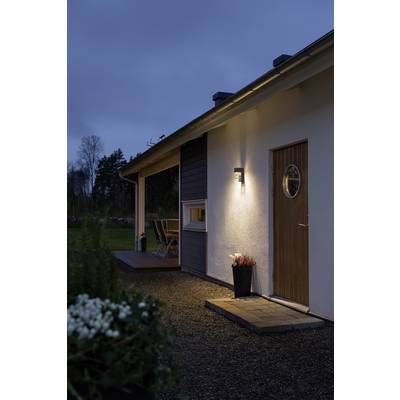 Ein Haus bei Dämmerung mit beleuchteter Außentür und Fenster. Auf der Veranda stehen Stühle. Im Vordergrund blühen Pflanzen.