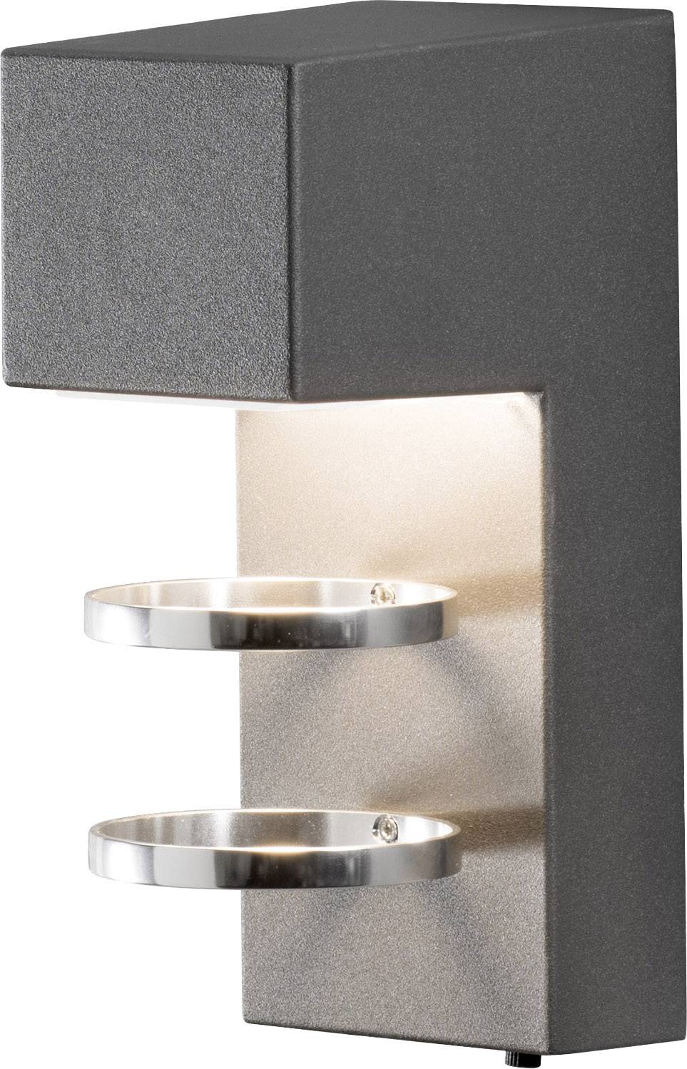 Außenwandleuchte in modernem Design, schwarz, rechteckig, mit zwei silbernen Ringen und Licht, das nach unten strahlt.
