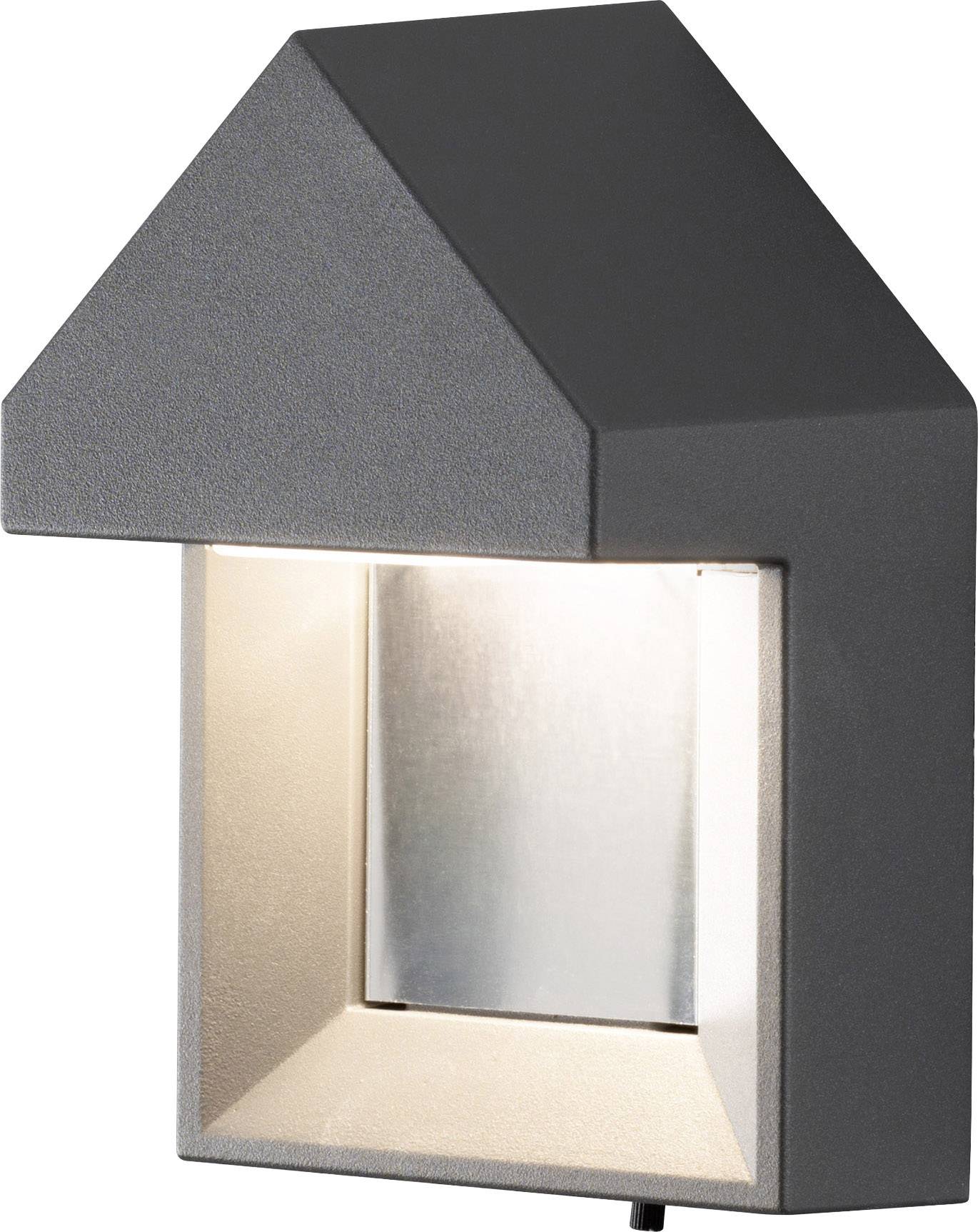 Eine moderne Außenleuchte mit dreieckigem Dach und rechteckigem Rahmen strahlt weiches Licht nach unten. Ideal für Wandmontage.