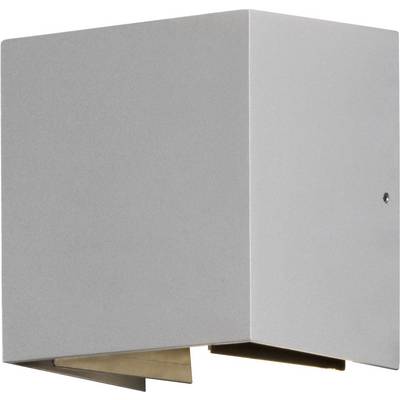 Würfelförmige, graue Wandleuchte mit Lichtauslass nach unten. Minimalistisches Design.