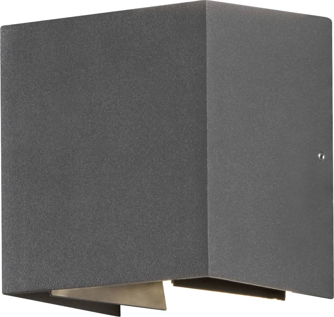 Eine schwarze, quadratische Wandlampe mit minimalistischem Design und nach oben und unten gerichteter Lichtabstrahlung.