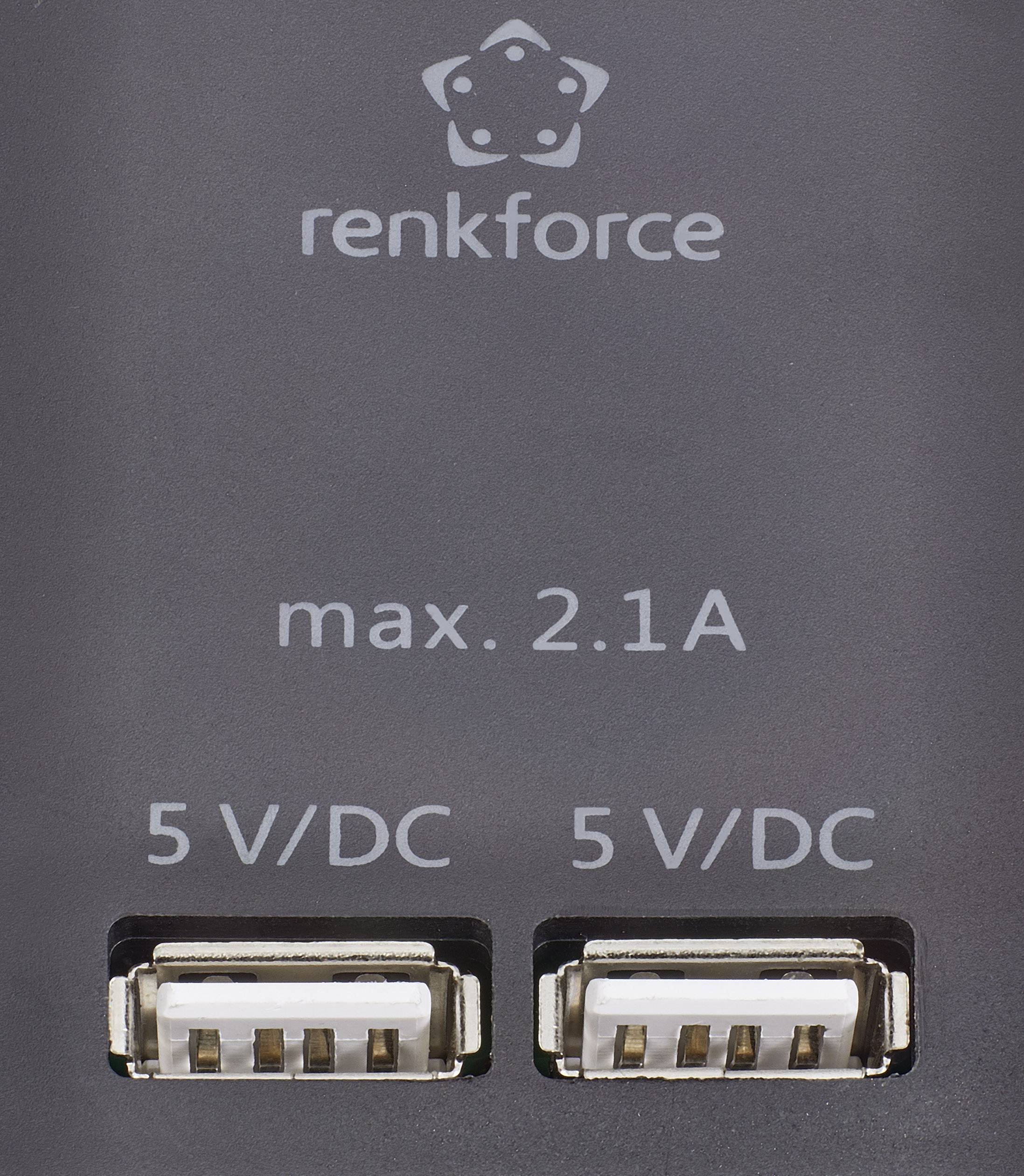 Zwei USB-Anschlüsse an einer schwarzen Oberfläche, mit der Aufschrift 'renkforce', 'max. 2.1A', '5 V/DC' über jedem Anschluss.