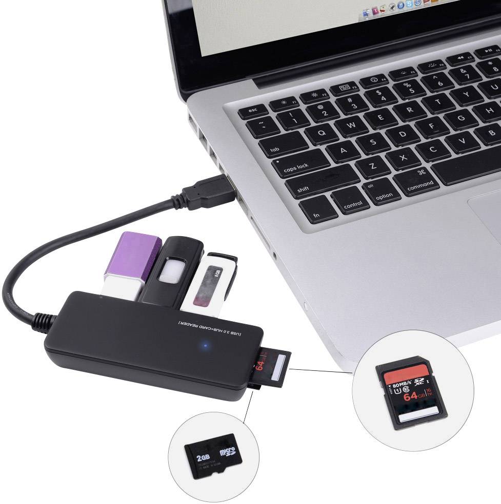 Externer Kartenleser angeschlossen an einen Laptop, unterstützt SD- und MicroSD-Karten. Mehrere Speicherkarten und USB-Sticks sind verbunden.