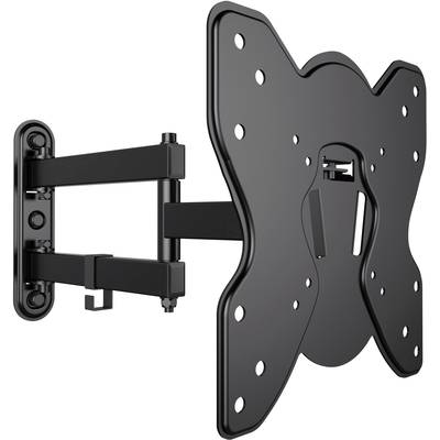 Schwarze, schwenkbare TV-Wandhalterung aus Metall mit mehreren Befestigungspunkten, geeignet für verschiedene Bildschirmgrößen.