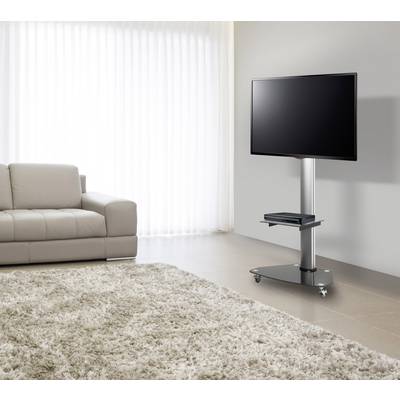 Ein modernes Wohnzimmer mit einem grauen Sofa, einem flachen Fernseher auf einem Rollständer und einem hellen Teppich.