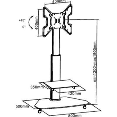 Skizze eines verstellbaren Monitorständers mit Abmessungen. Höhe 400-500 mm, neigbar um 45 Grad. Enthält eine Basis und eine Plattform.